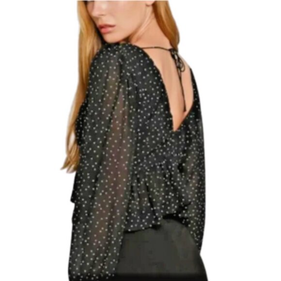 H&M Polka Dot Plunge V-Neck Back Tie Balloon Sleeve Peplum Blouse Coquettegirl L - Picture 4 of 15